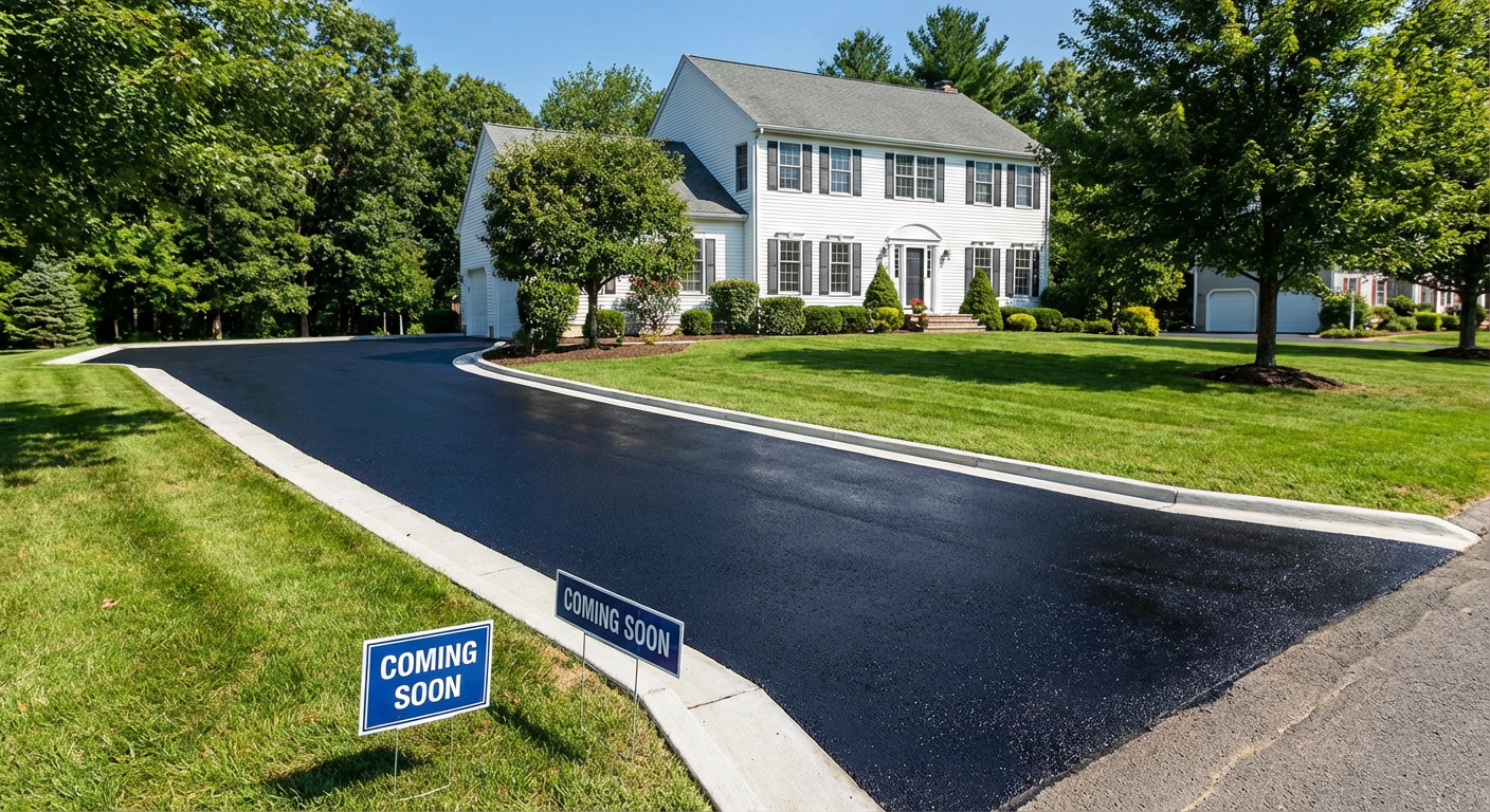 Freshly installed driveway with clean surface, defined edges, and proper grading after installation