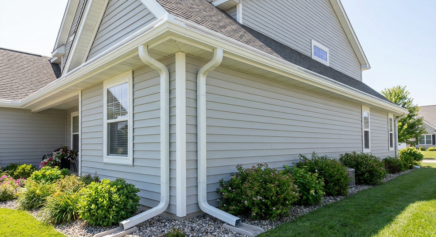 House with new seamless gutter system installed — clean roofline with no staining or overflow