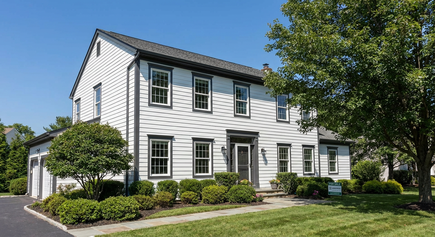 House with new slate grey vinyl siding and white trim after installation in New Jersey
