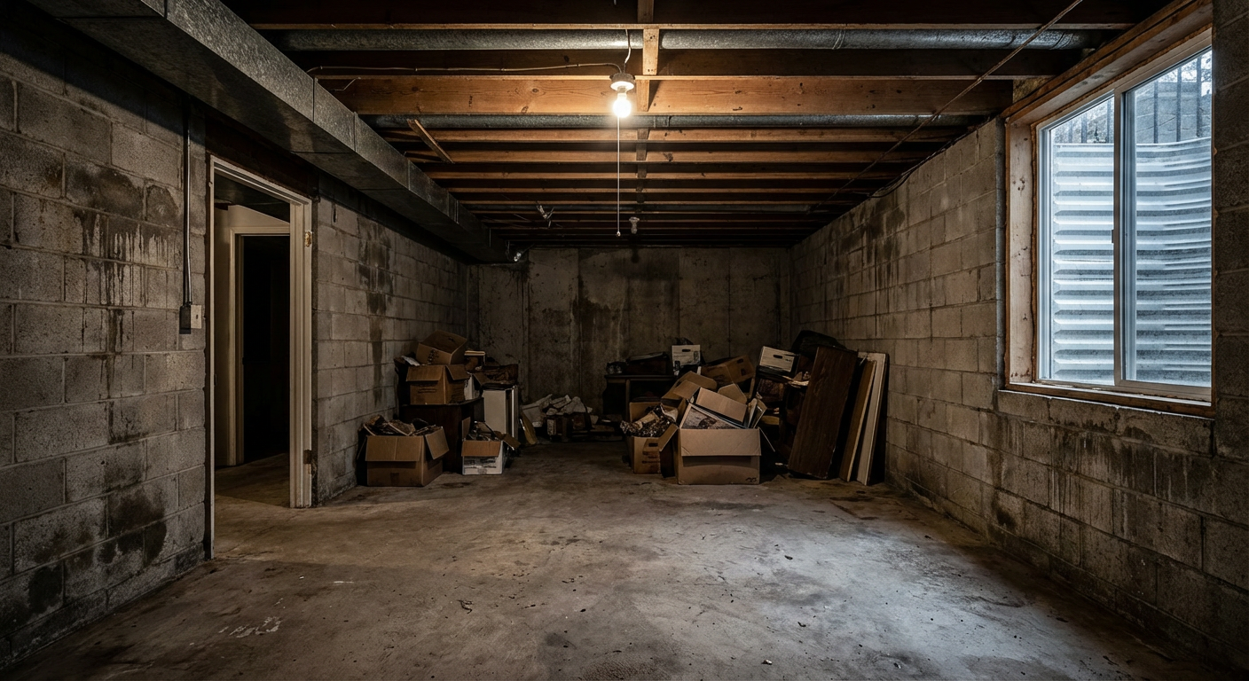 Dark unfinished basement with bare concrete walls and exposed pipes before remodel