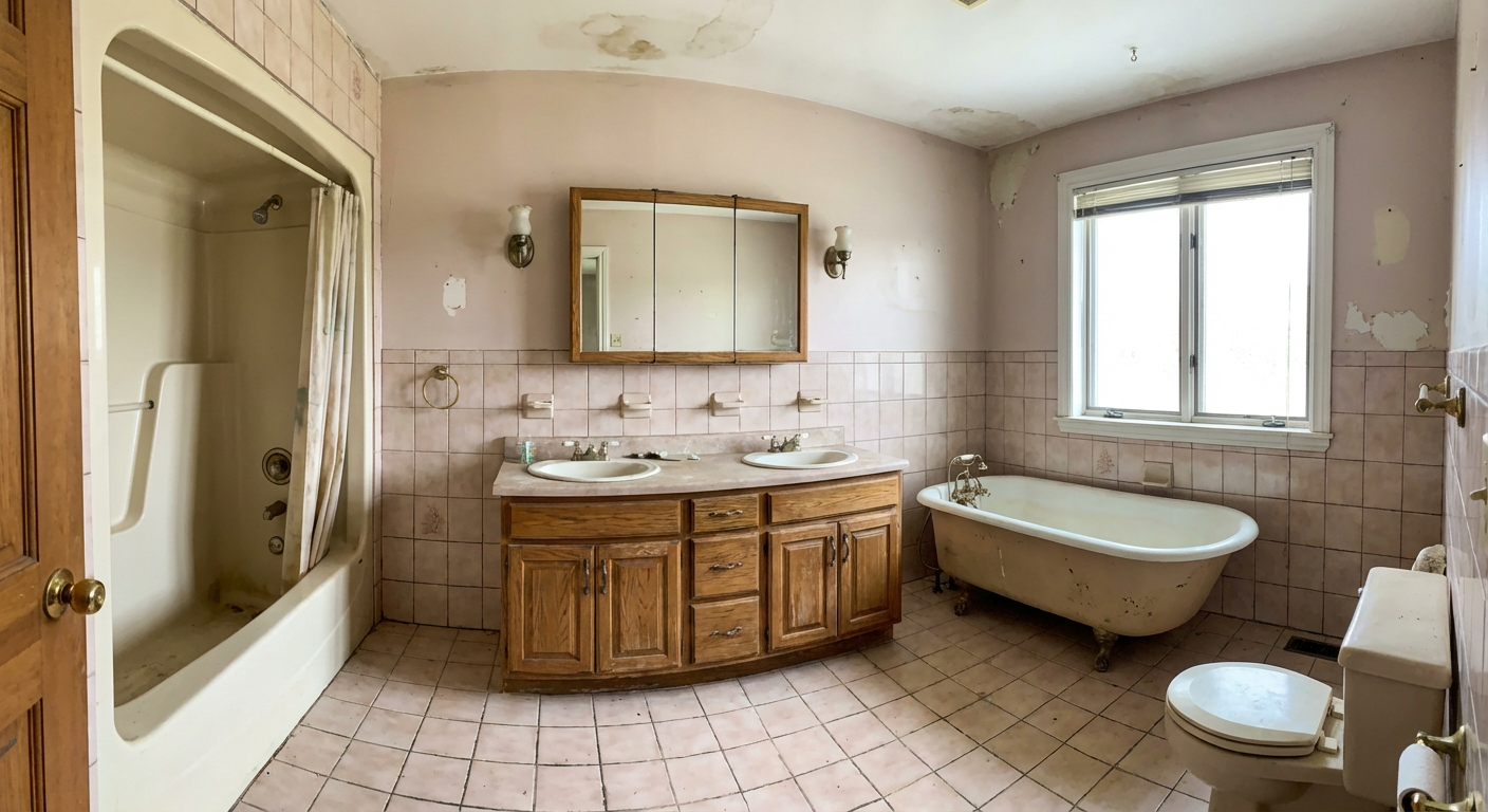 Outdated 1980s bathroom with pink ceramic tile and old fiberglass tub before renovation