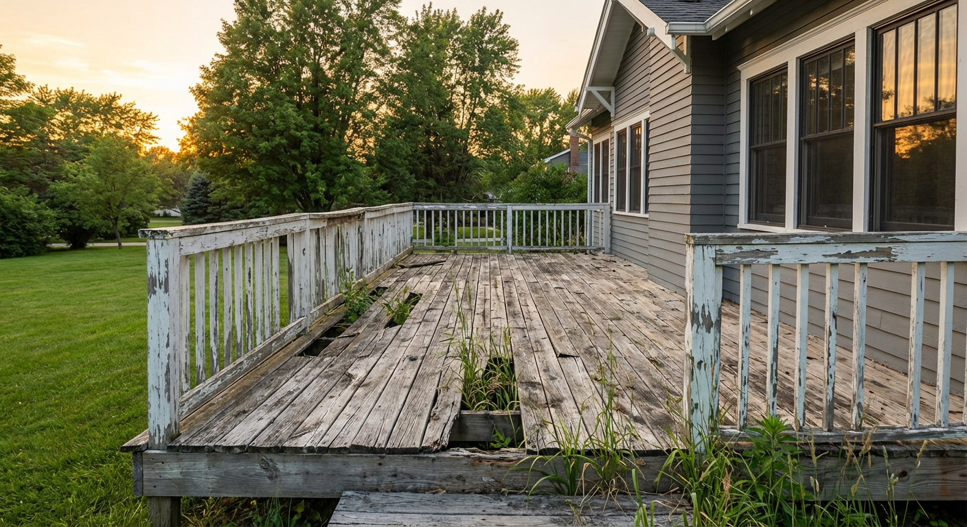Old rotting weathered pressure-treated wood deck with loose boards and rusty hardware before replacement