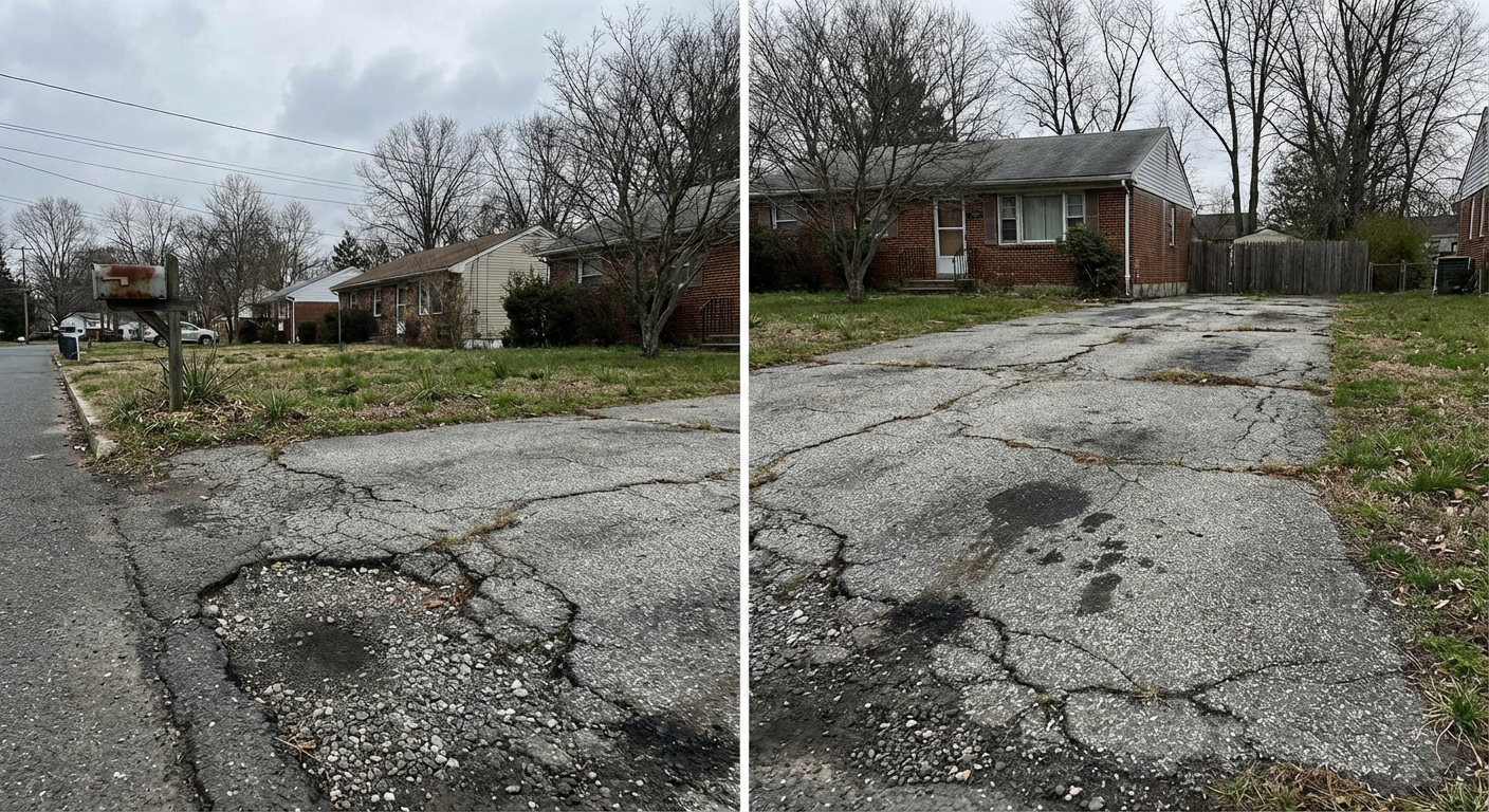 Cracked and deteriorated driveway with potholes and crumbling edges before replacement