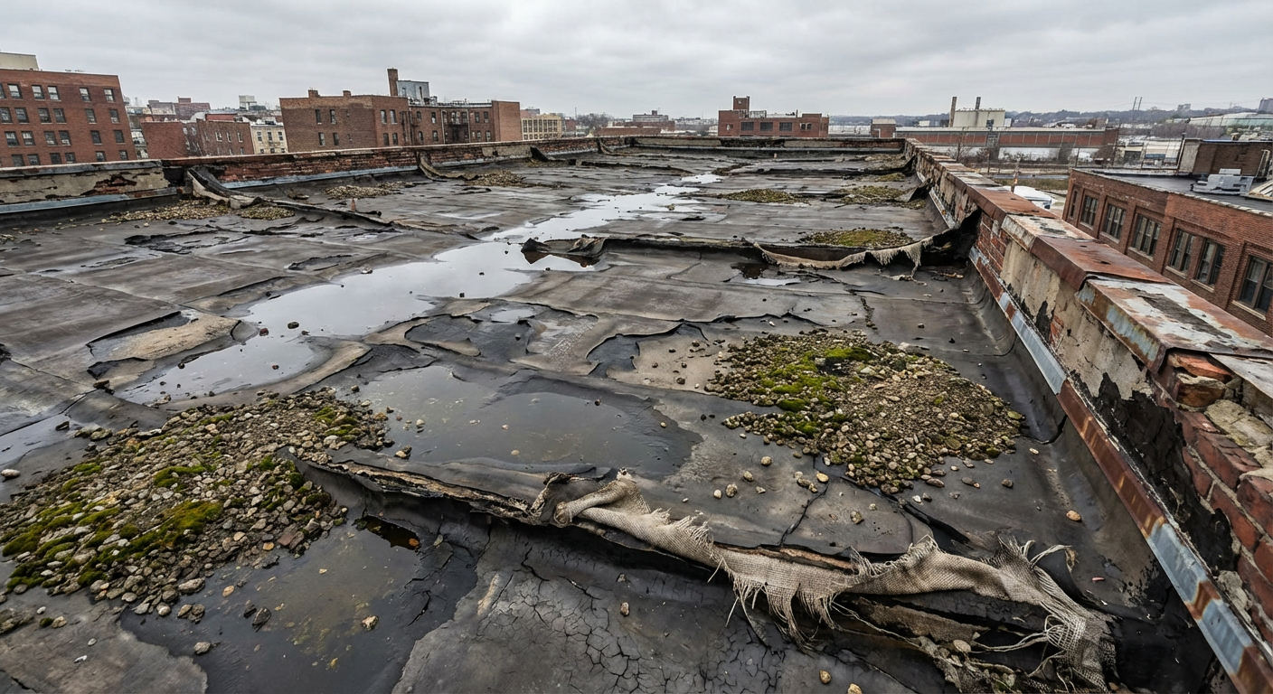 Deteriorated flat roof before replacement in New Jersey
