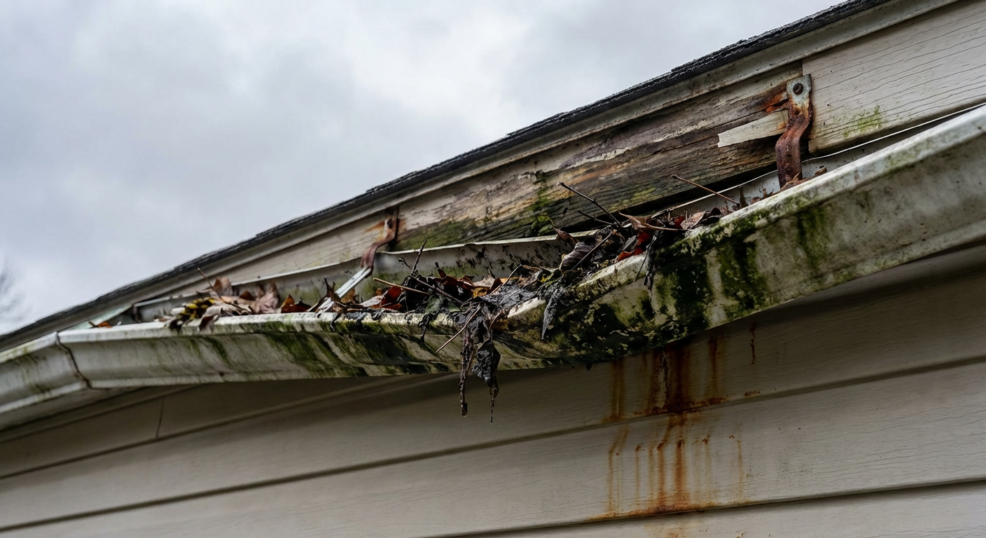House with old clogged gutters showing black overflow staining on fascia before replacement