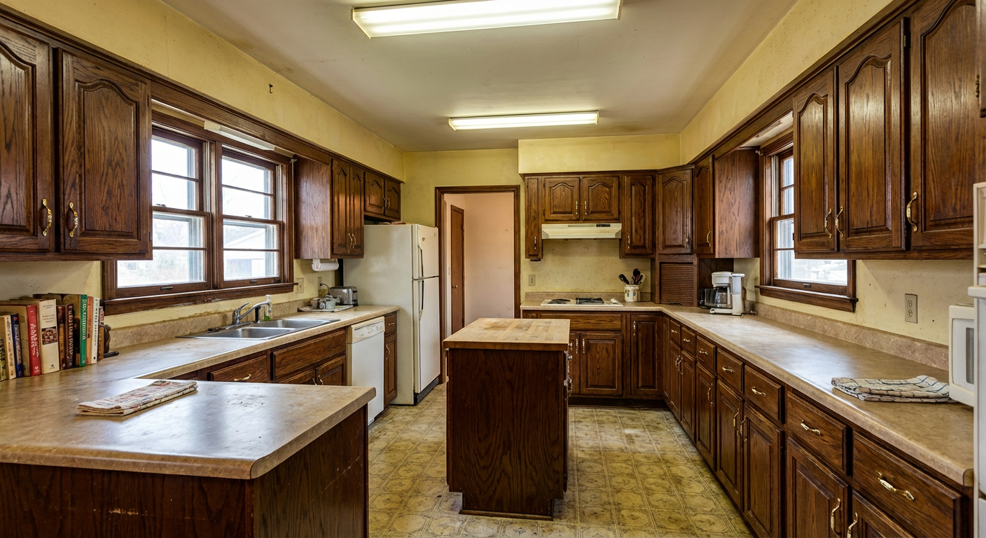 Dated 1980s kitchen with dark oak cabinets and old laminate countertops before remodel