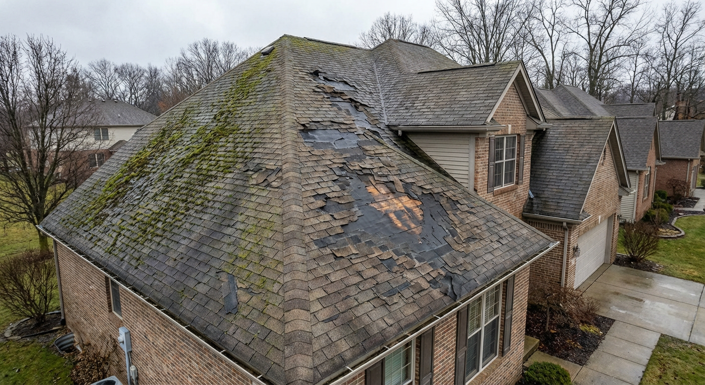 Aerial view of storm-damaged roof with large hole and exposed decking before repair