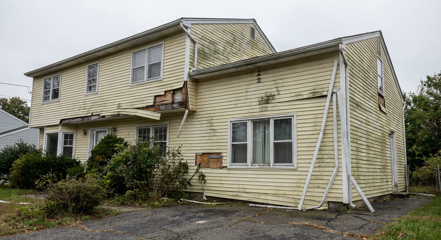 House with old worn beige vinyl siding before replacement in New Jersey