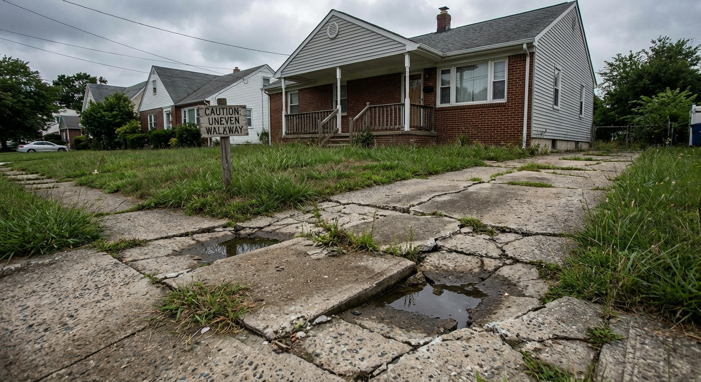 Cracked and heaved concrete walkway with uneven surfaces and weed growth before replacement
