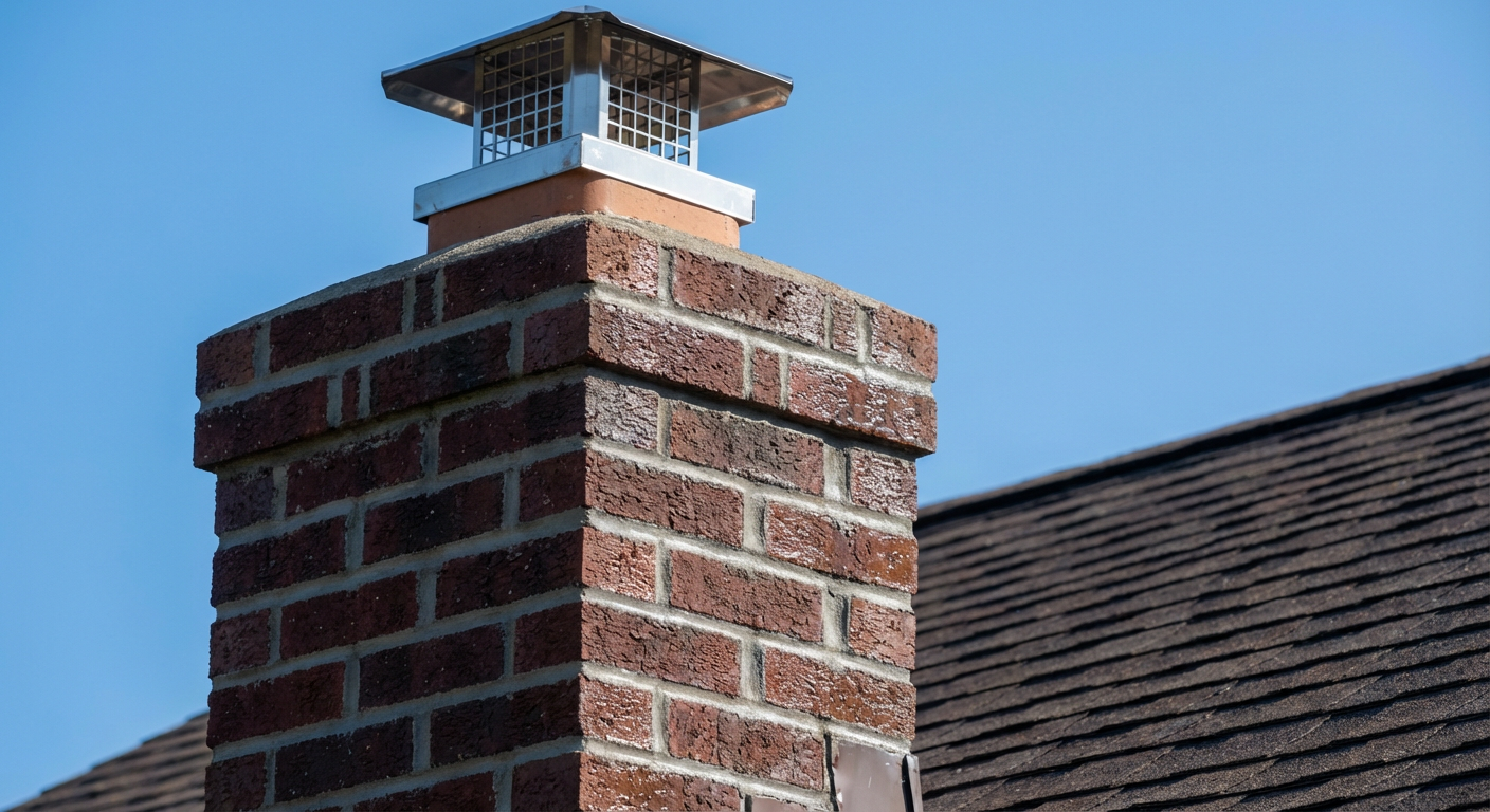 Chimney fully restored with clean tuckpointing, solid mortar joints, new properly sealed flashing, and fresh roof around the base