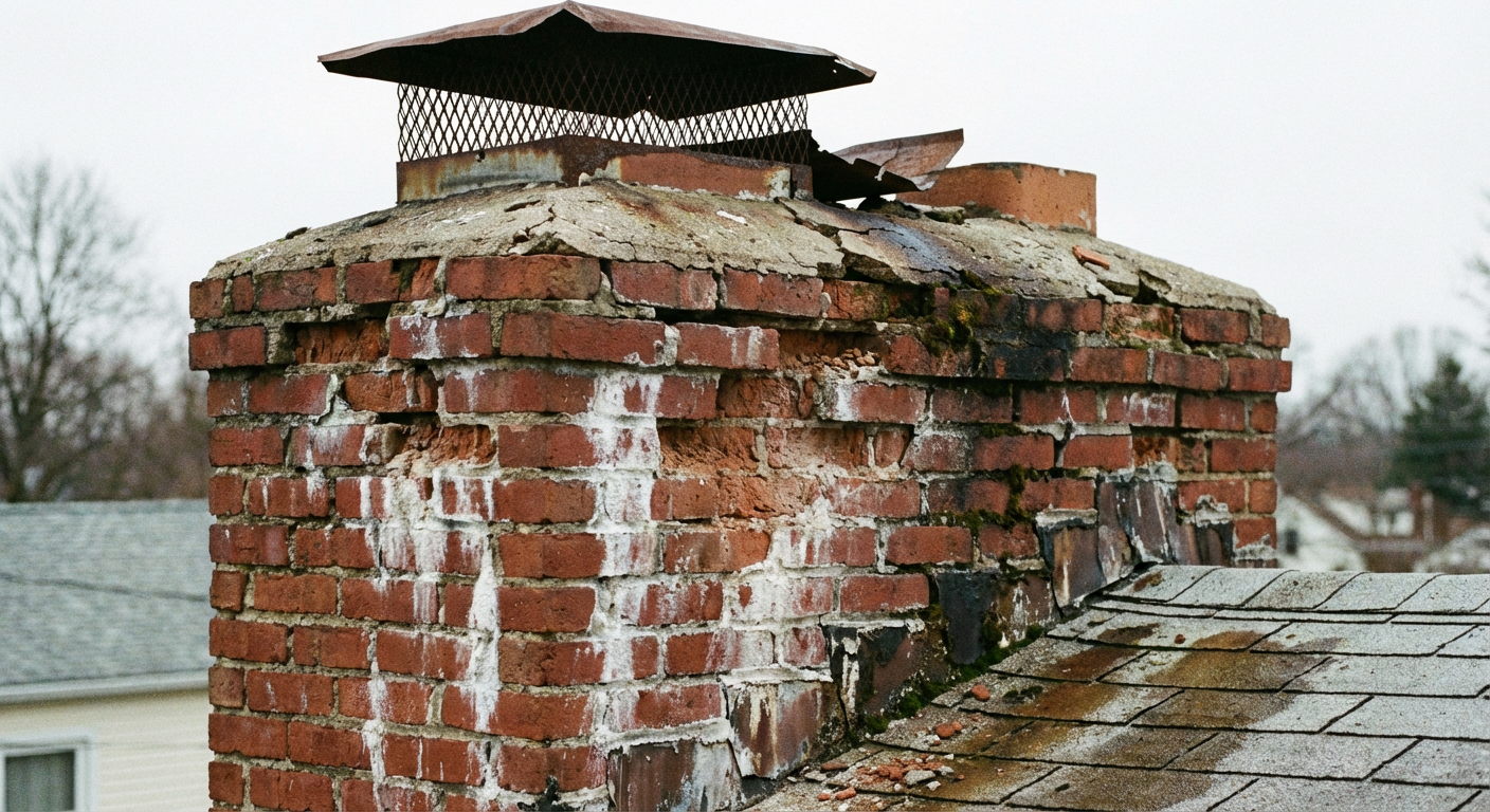 Severely deteriorated chimney with crumbling mortar, spalled bricks, failed flashing, and moss-covered lifted shingles before repair