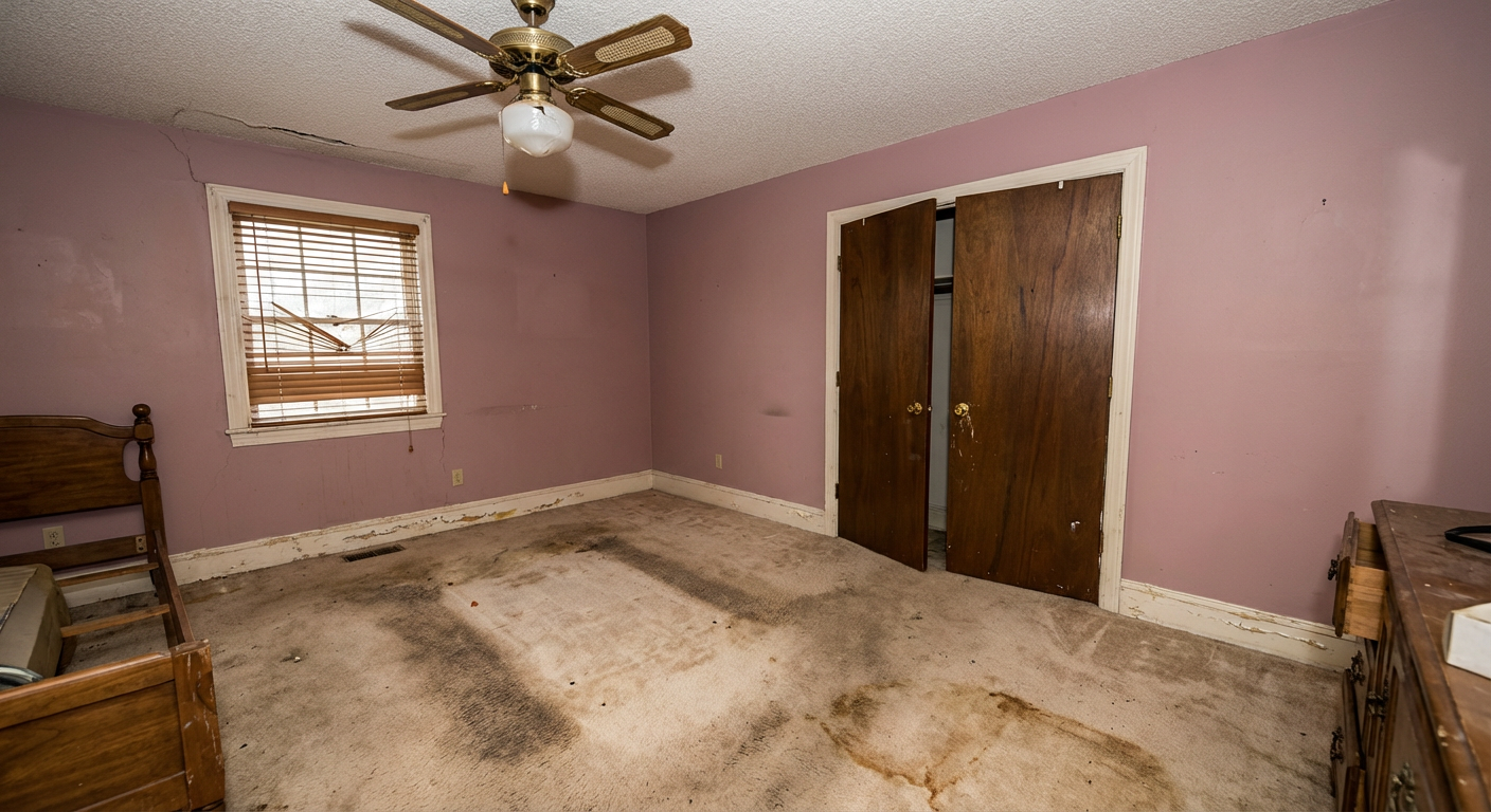 Dated master bedroom with popcorn ceiling and carpet before renovation - Passaic NJ