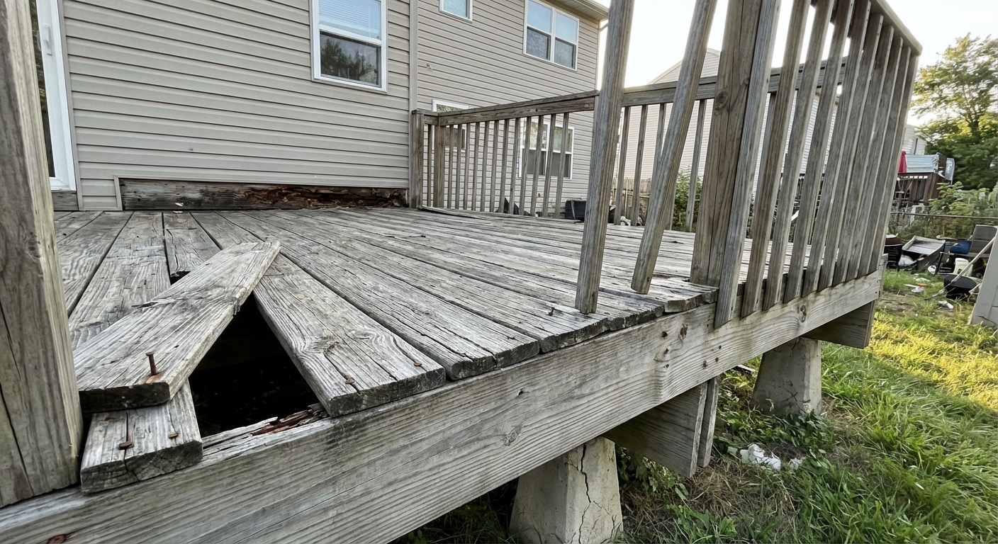 Deteriorated weathered wood deck before replacement - Paterson NJ