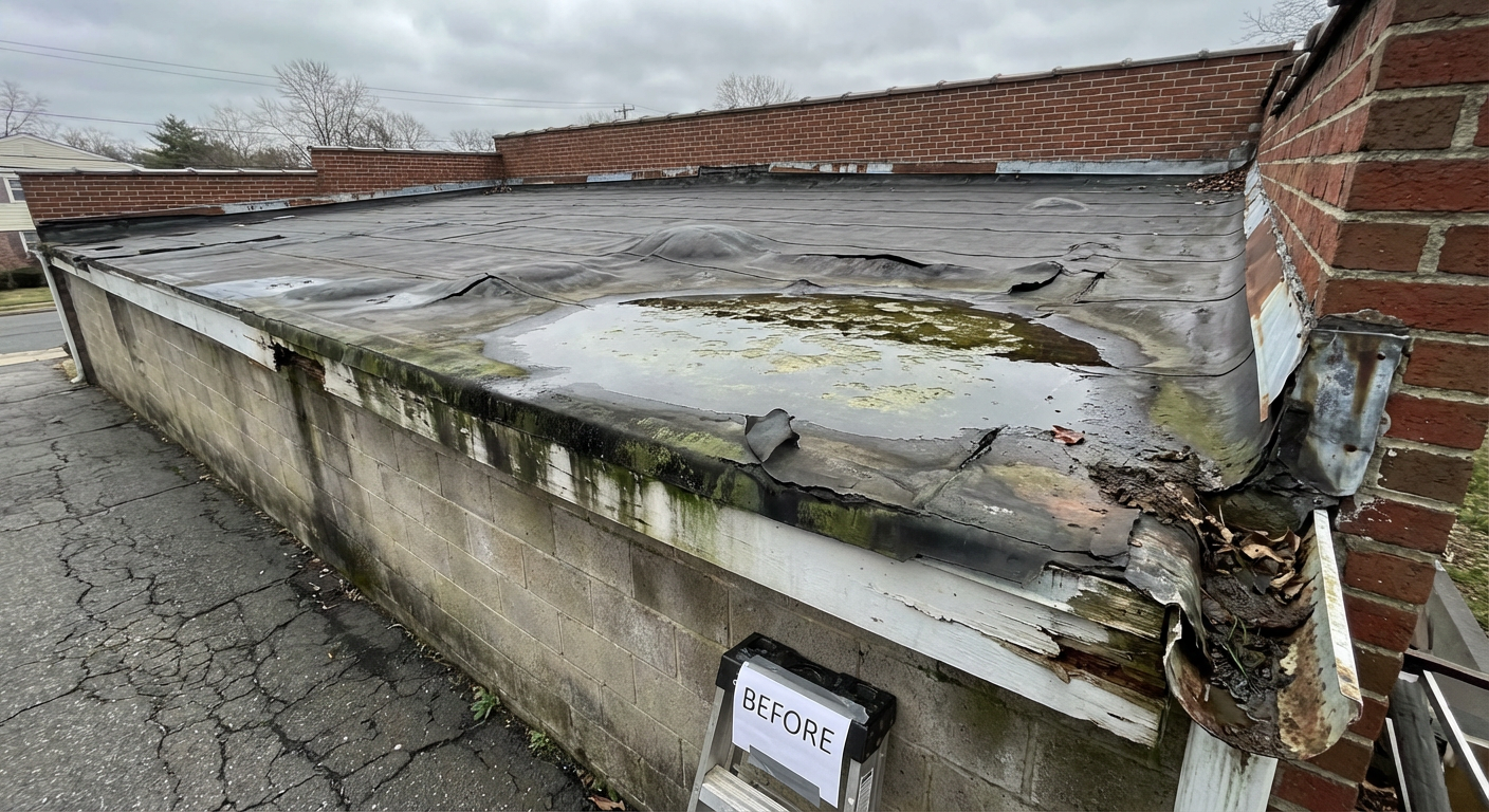 Blistered failing EPDM flat roof before replacement - Clifton NJ