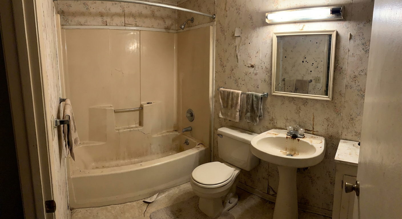 Dated almond fiberglass tub-shower and vinyl floor before gut renovation - Totowa NJ