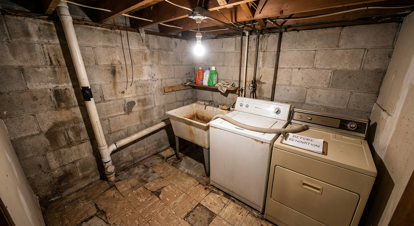 Unfinished utility laundry room before renovation - Hackensack NJ