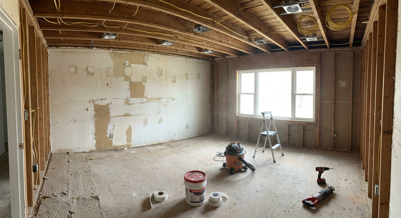 Living room renovation in progress with paneling removed - Fairfield NJ