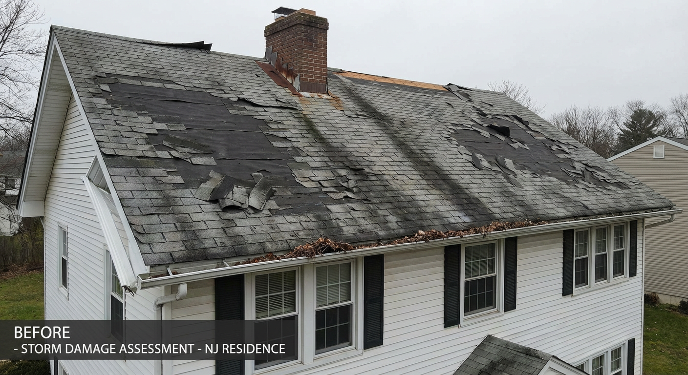 Storm damaged asphalt shingle roof with missing sections - Paramus NJ