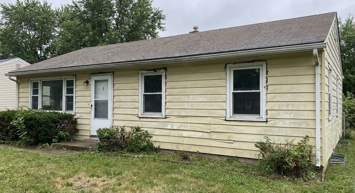 Old faded aluminum siding before replacement - Clifton NJ ranch